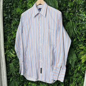 PAUL FREDRICK Dress Shirt Mens 14 1/2 Blue‎ Striped Long Sleeve French Cuff 2194